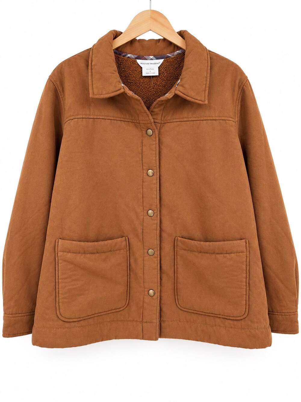 Boston Traders Faux Suede Jacket Caramel Large Sherpa Lined Shacket Cozy Rustic